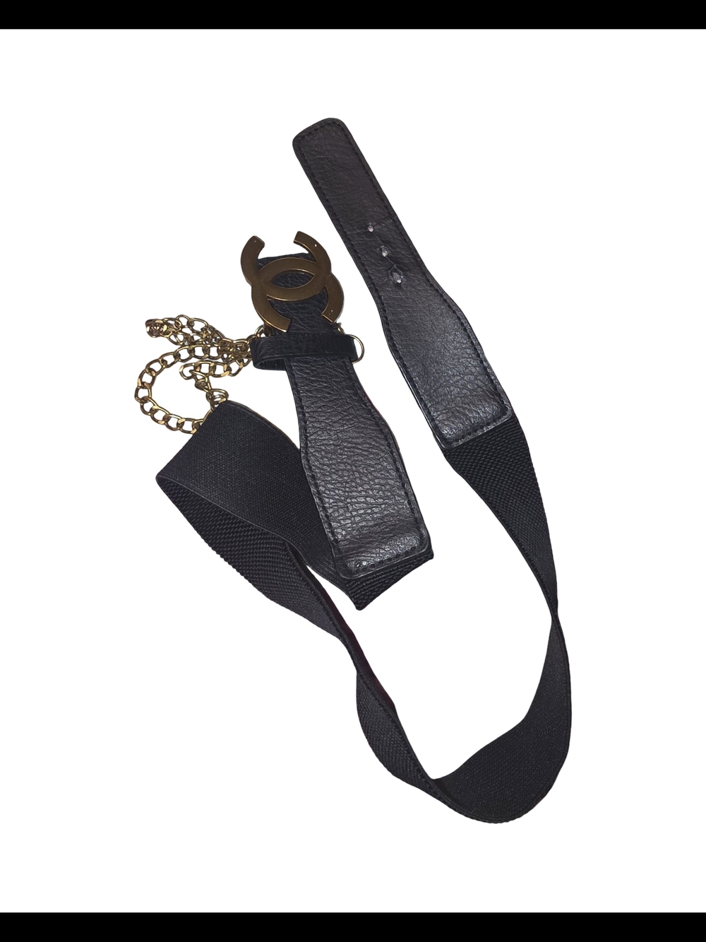 CHANEL Black Elastic Belt with Gold CC Chain Accent